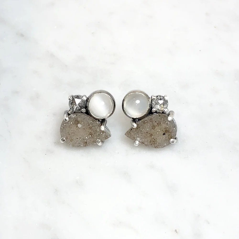 Custom Rusitc Diamond & Moonstone Earrings