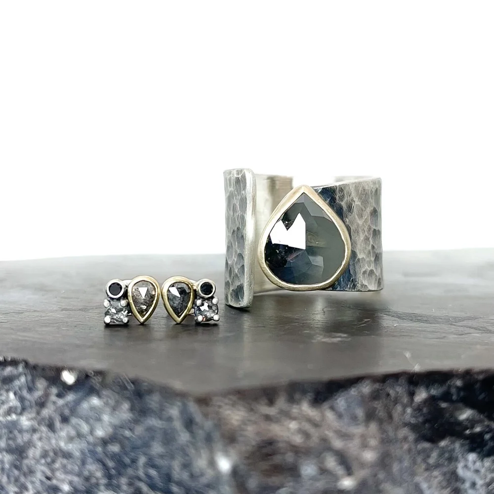 Matching Rustic Diamond Earrings & Ring Set